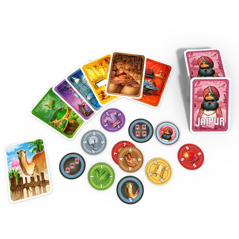 Load image into Gallery viewer, Jaipur Board Game - sample components including cards and game tokens.