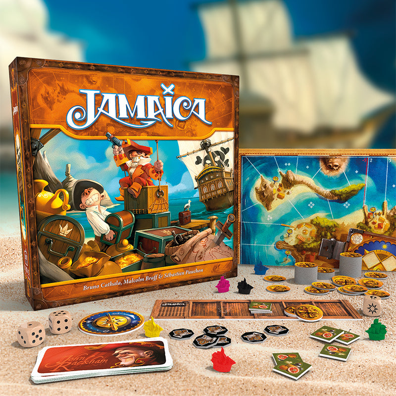 Load image into Gallery viewer, Game box displayed with various components in front of it set against a tropical island backdrop of sand and ships at sea.