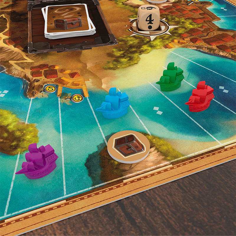 Load image into Gallery viewer, Another angle of the ship player pieces on the game board. The ships are magenta, blue, green, and red.