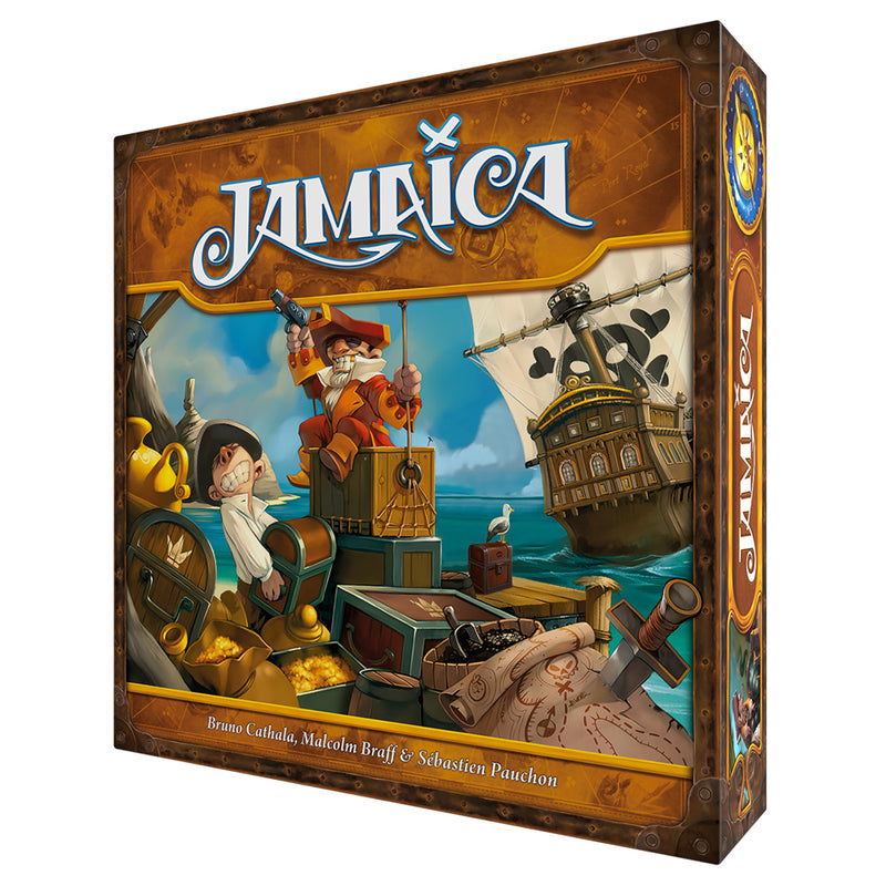 Load image into Gallery viewer, A board game box for 'Jamaica' featuring an illustration of a pirate captain with a ship and crew on deck, set against a tropical island backdrop.