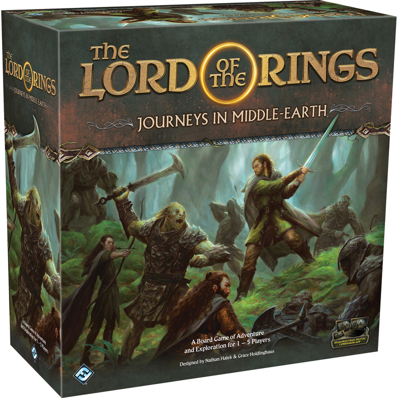 Load image into Gallery viewer, The Lord of the Rings: Journeys in Middle-Earth Board Game - front of box with artwork of heroes fighting.