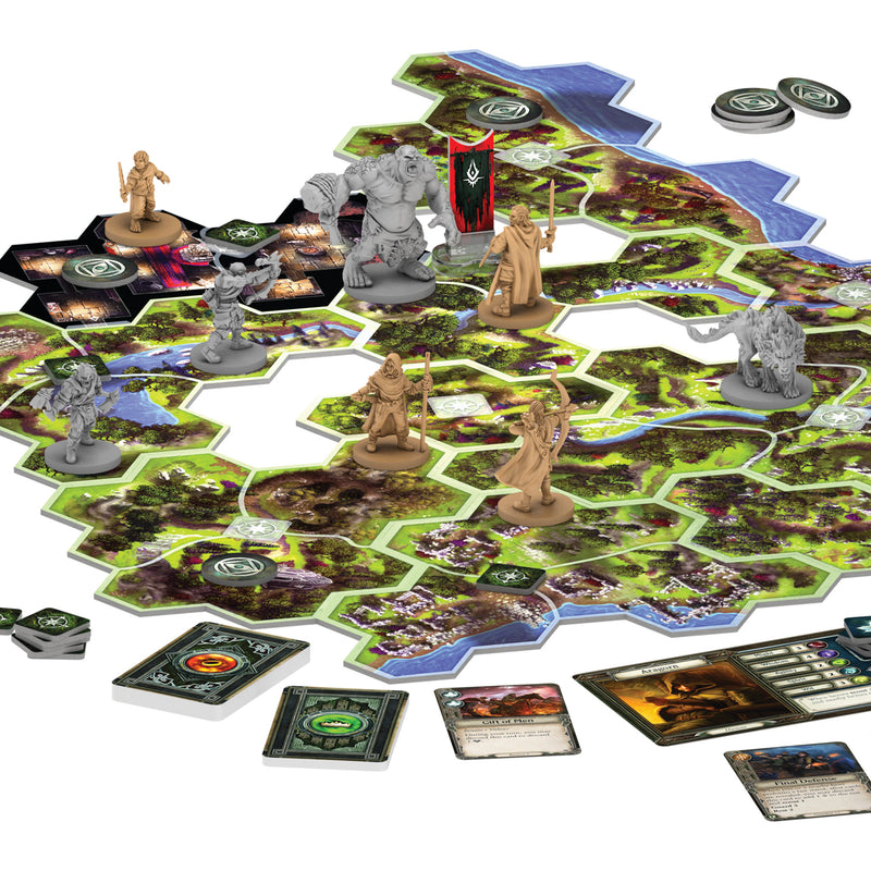 Load image into Gallery viewer, The Lord of the Rings: Journeys in Middle-Earth Board Game - sample game components including game board tiles, hero figures, monster figures, and character cards.