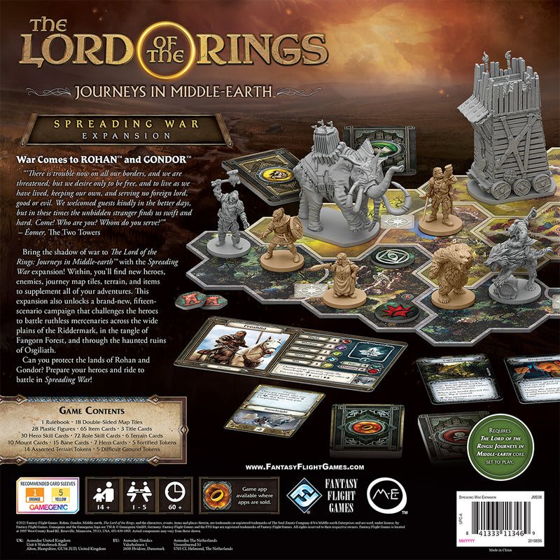 Load image into Gallery viewer, The Lord of the Rings - Journeys in Middle-Earth: Spreading War Expansion - back of box with game overview and images of game components.