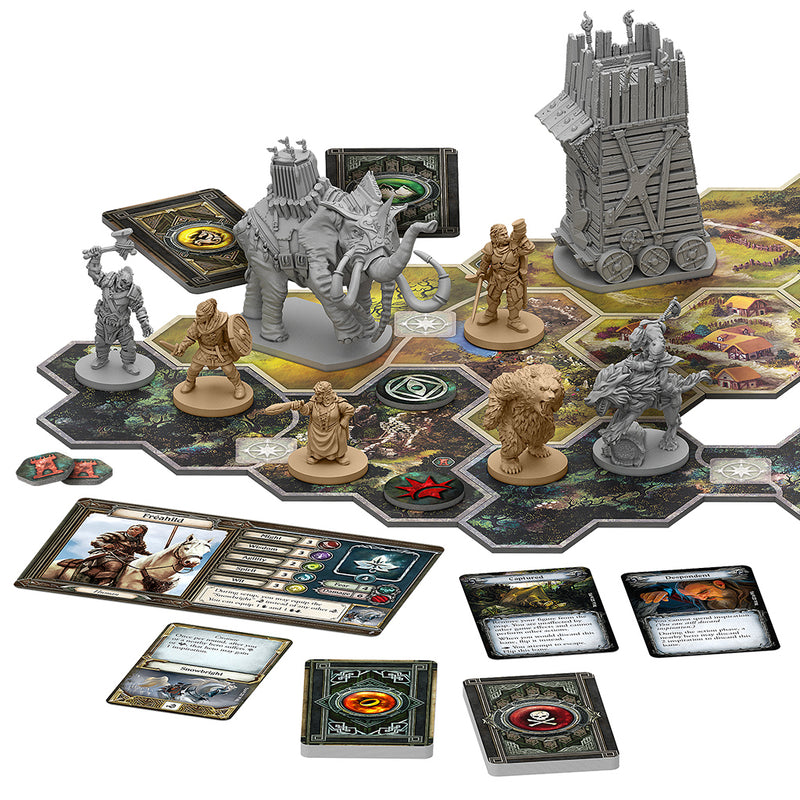 Load image into Gallery viewer, The Lord of the Rings - Journeys in Middle-Earth: Spreading War Expansion - sample of game components including hero card, hero figures, monster figures, and game board tiles.