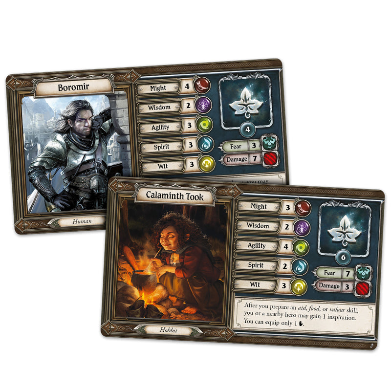 Load image into Gallery viewer, The Lord of the Rings - Journeys in Middle-Earth: Spreading War Expansion - sample hero cards including Boromir and Calaminth Took with skill and damage values.
