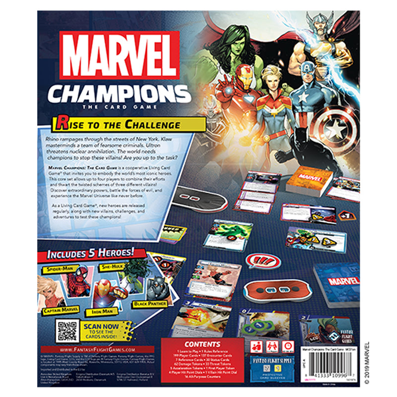 Load image into Gallery viewer, Marvel Champions: The Card Game - back of box with game overview and images of sample game components.