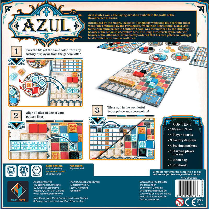 Load image into Gallery viewer, Azul Board Game - back of box with overview, contents list, and images of game components. Box indicates it is for ages 8+ and 2 to 4 players.