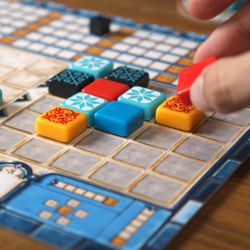Load image into Gallery viewer, Azul Board Game - view of player board with resin tiles and scoring marker.
