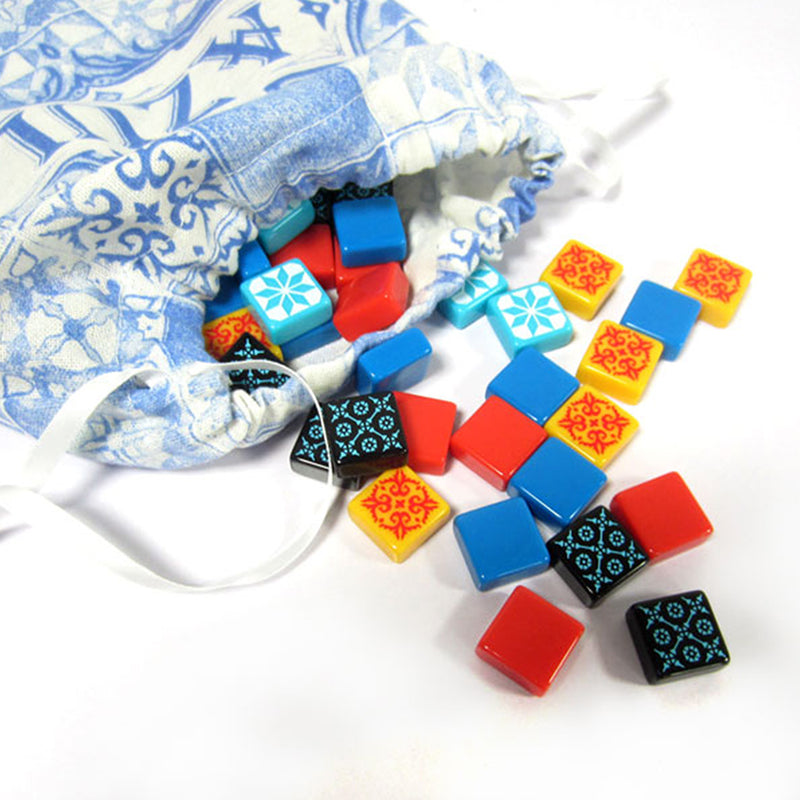Load image into Gallery viewer, Azul Board Game - view of draw bag and resin game tiles with a variety of colors and patterns.