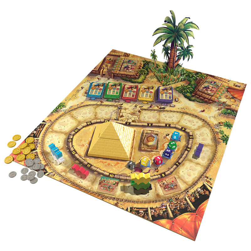 Load image into Gallery viewer, Camel Up Board Game - view of setup game including game board with race track, camel figures, game dice, and coin tokens.