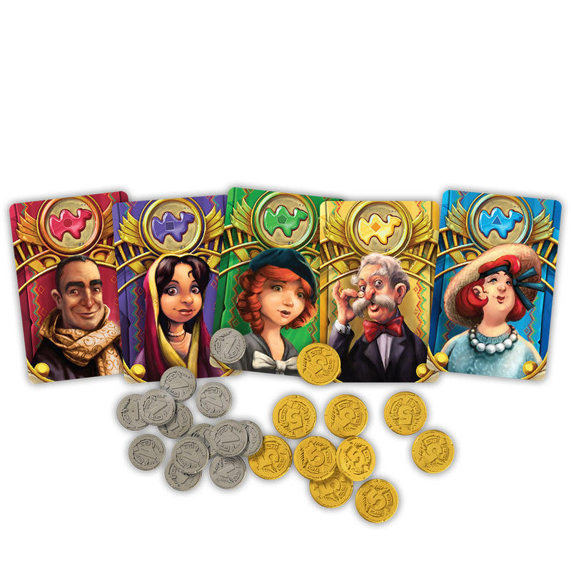 Load image into Gallery viewer, Camel Up Board Game - view of sample character cards with different colors of camels, and game tokens.
