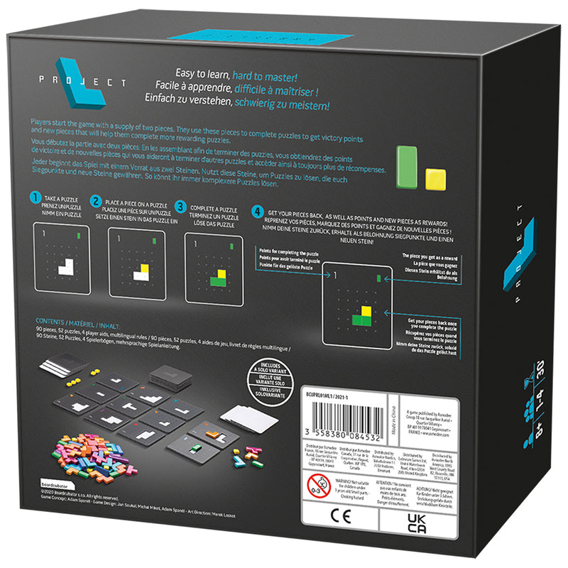 Load image into Gallery viewer, Project L board game back of box with game overview and images of contents.