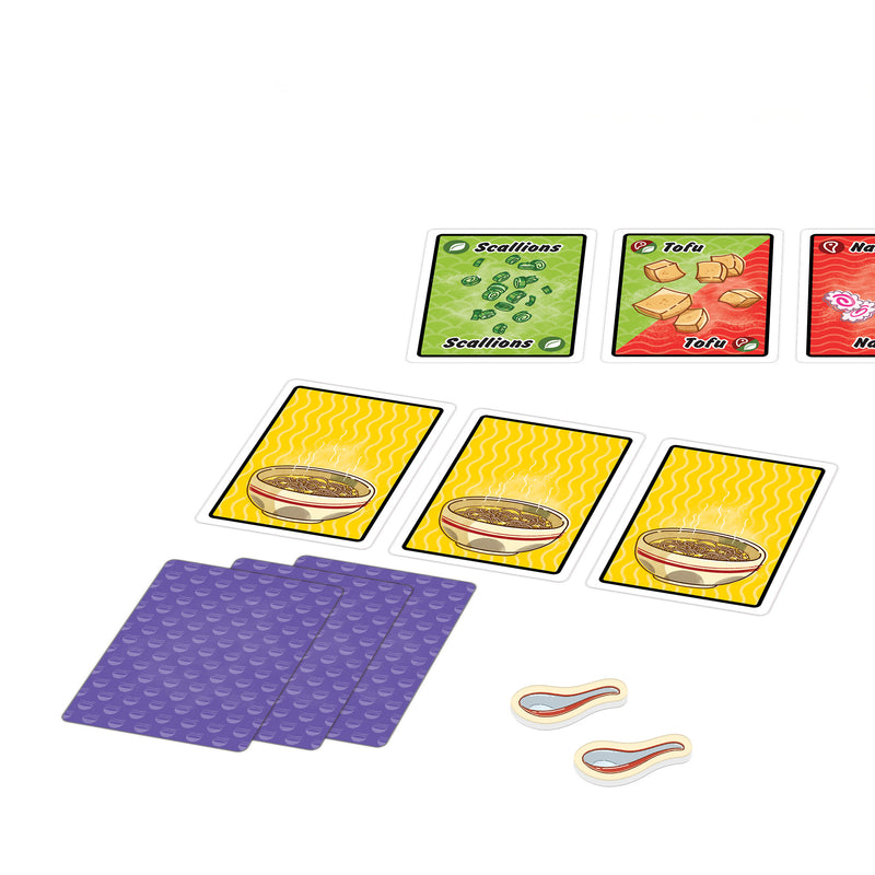 Load image into Gallery viewer, Ramen Fury Card Game -view of game components including ramen bowl cards, ingredient cards, and spoon tokens.