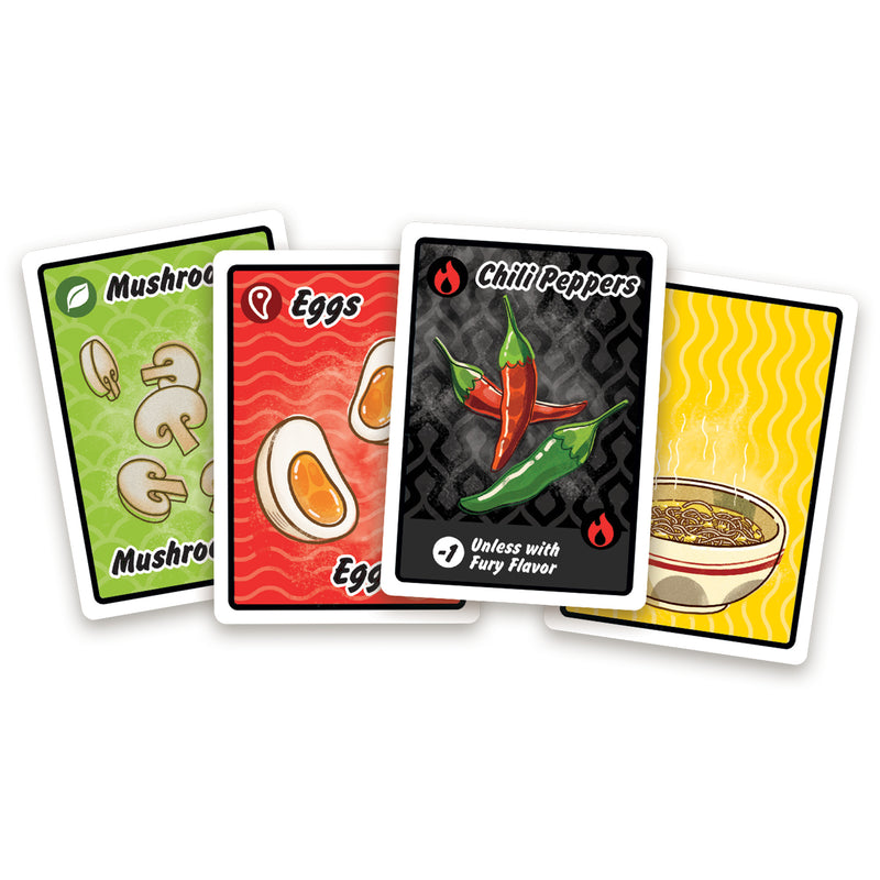 Load image into Gallery viewer, Ramen Fury Card Game -view of sample ingredient cards with different category icons.