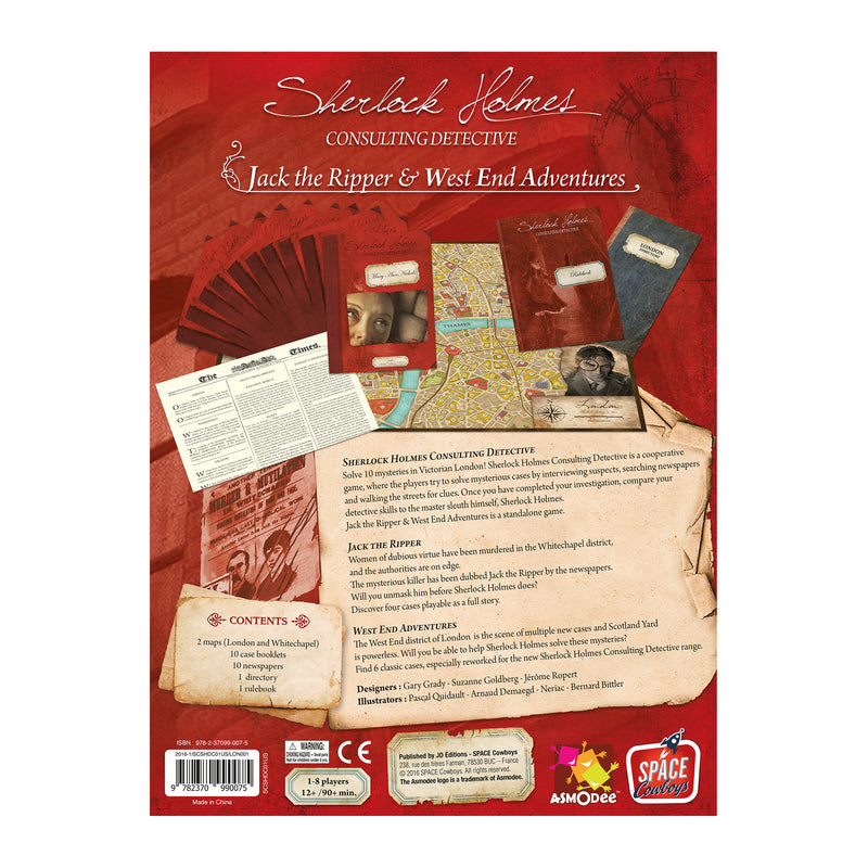 Load image into Gallery viewer, Sherlock Holmes: Jack the Ripper and West End Adventures Board Game - back of box with game overview and images of sample components.