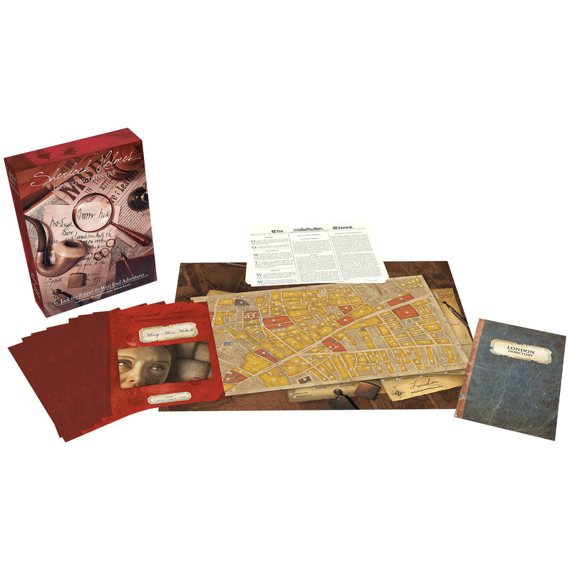 Load image into Gallery viewer, Sherlock Holmes: Jack the Ripper and West End Adventures Board Game - sample game components including London Directory book, city map, and Chapter 1 book.