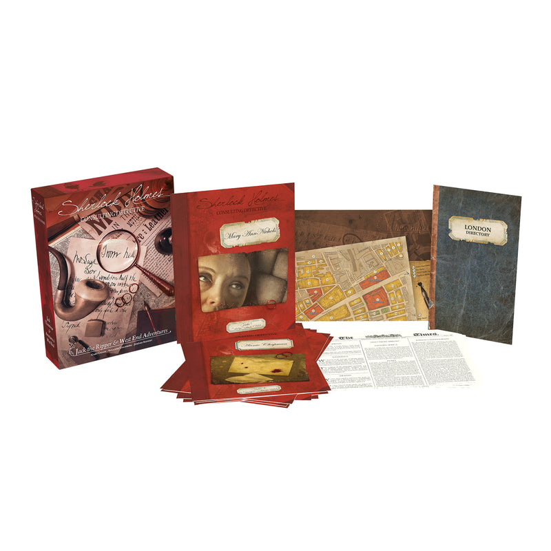Load image into Gallery viewer, Sherlock Holmes: Jack the Ripper and West End Adventures Board Game - sample game components including London Directory book, city map, and Chapter 1 book.