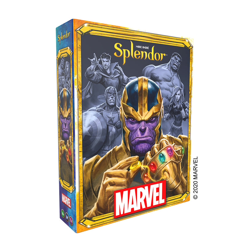 Load image into Gallery viewer, Splendor: Marvel board game front of box featuring comic book style art of Thanos and marvel heroes.