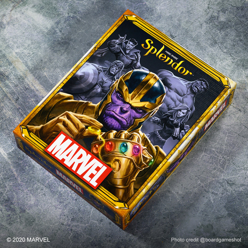 Load image into Gallery viewer, Splendor: Marvel board game front of box featuring comic book style art of Thanos and marvel heroes.