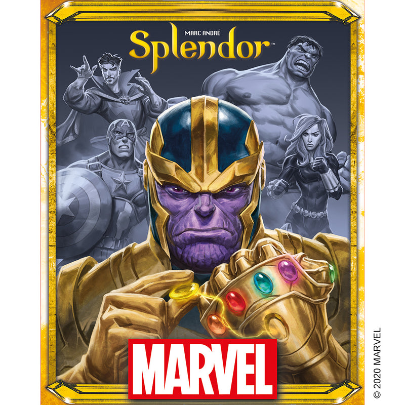 Load image into Gallery viewer, Splendor: Marvel board game front of box featuring comic book style art of Thanos and marvel heroes.