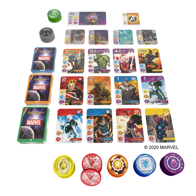 Load image into Gallery viewer, Splendor: Marvel board game components displayed including tokens, character cards, location tiles, and infinity gauntlet tile.