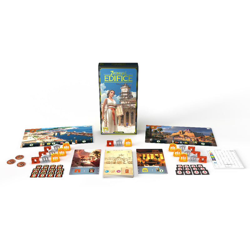 Load image into Gallery viewer, 7 Wonders: Edifice expansion game box and contents displayed including two wonders boards, edifice cards, and building tokens.