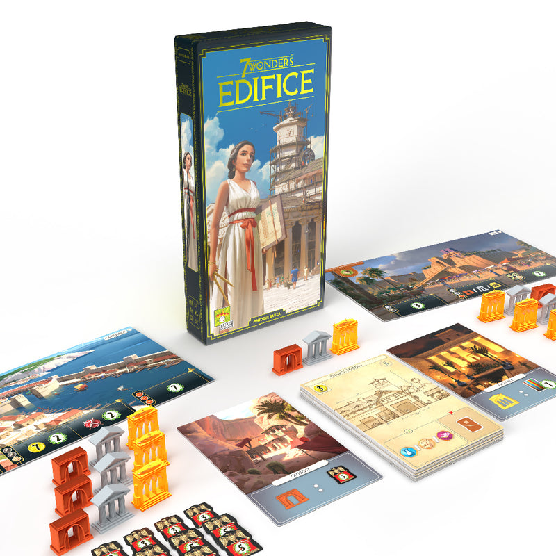 Load image into Gallery viewer, 7 Wonders: Edifice expansion game box and contents displayed including two wonders boards, edifice cards, and building tokens.