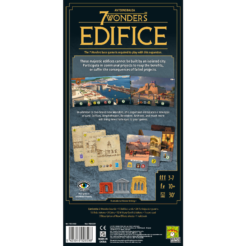 Load image into Gallery viewer, 7 Wonders: Edifice expansion back of box with overview and images on contents including new wonders boards and edifice cards.