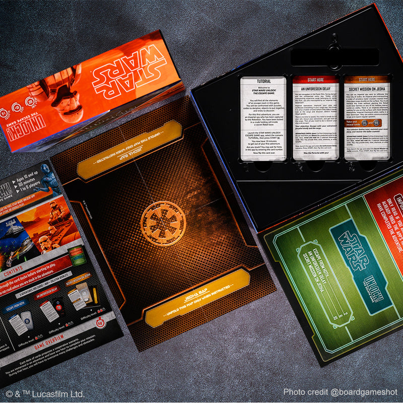 Load image into Gallery viewer, Star Wars UNLOCK! Card Game - sample components including game cards and rulebook.