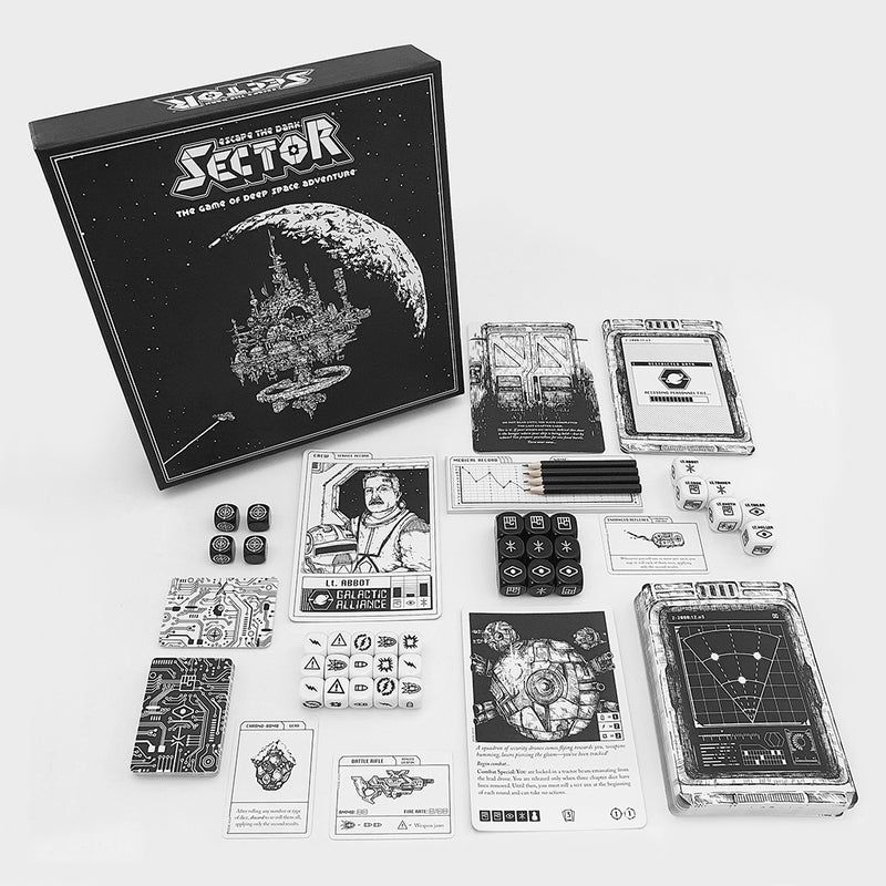 Load image into Gallery viewer, Escape the Dark Sector Board Game - box and game components shown including chapter card deck, character card, and black and white game dice with custom icons.
