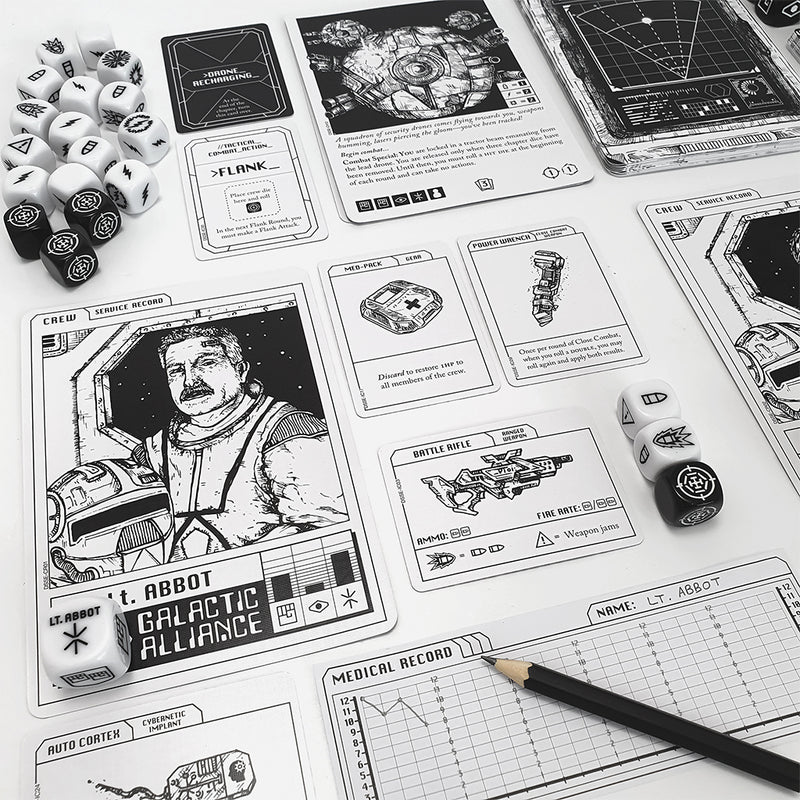Load image into Gallery viewer, Escape the Dark Sector Board Game - crew card and item cards shown alongside black and white game dice.