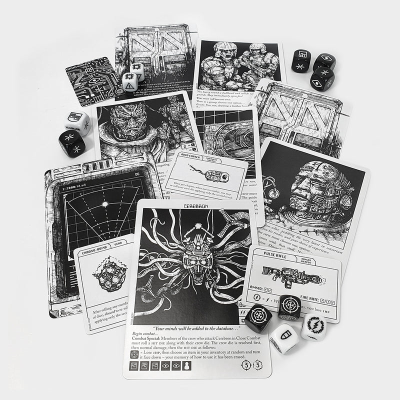 Load image into Gallery viewer, Escape the Dark Sector Board Game - sample chapter cards, item cards, and black and shite game dice.