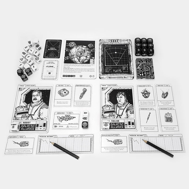 Load image into Gallery viewer, Escape the Dark Sector Board Game - sample components shown including crew cards, medical record cards, pencils, and game dice.