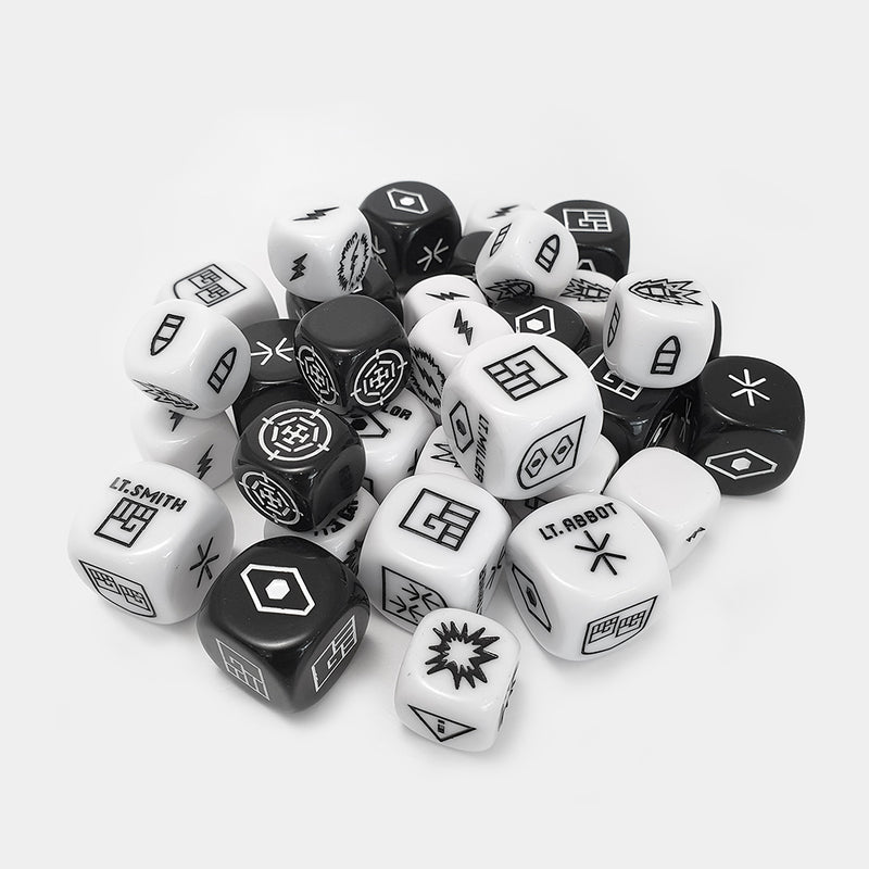 Load image into Gallery viewer, Escape the Dark Sector Board Game - pile of black and white dice with custom symbols.