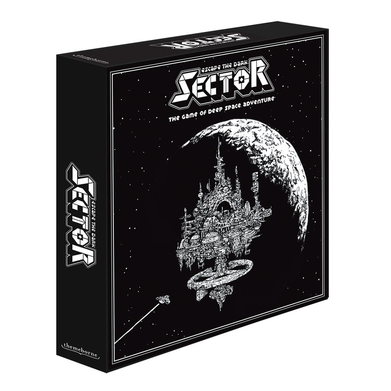 Load image into Gallery viewer, Escape the Dark Sector Board Game - front of box featuring black and white illustration of a castle shaped space station in front of a moon.