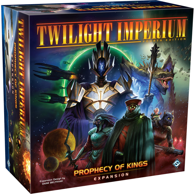 Load image into Gallery viewer, Twilight Imperium: Prophecy of Kings board game expansion front of box with science fiction themed art featuring alien characters.