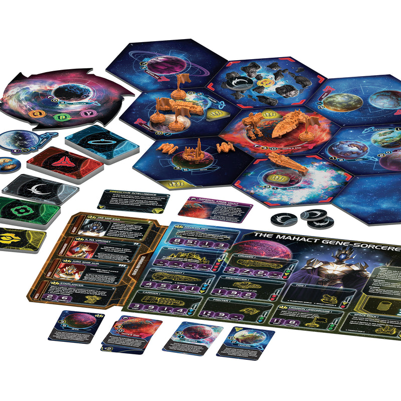 Load image into Gallery viewer, Twilight Imperium: Prophecy of Kings board game expansion game contents displayed including space tiles, player board, ship minis, and game cards.