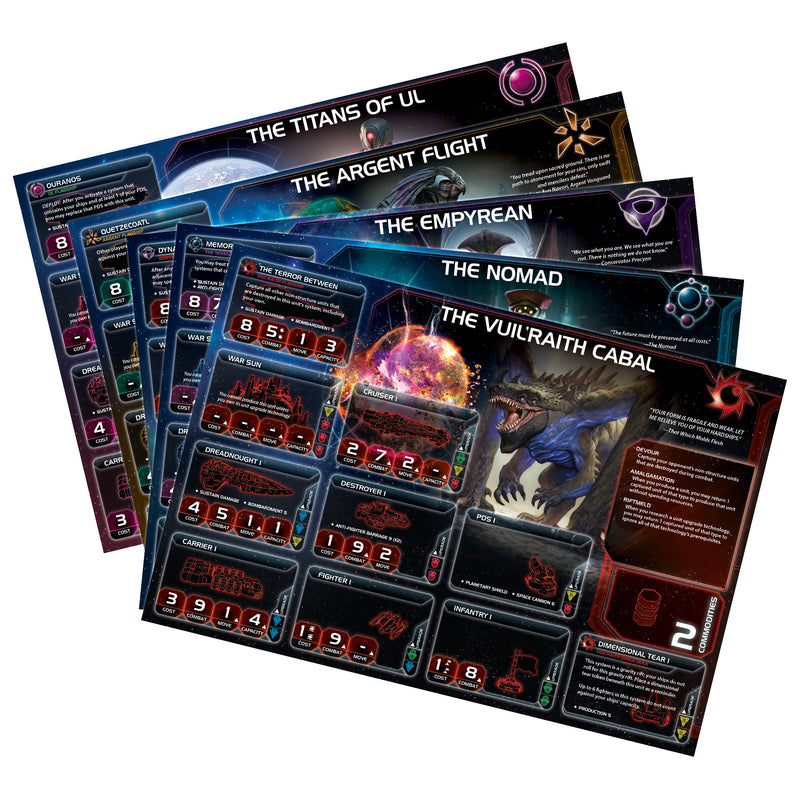 Load image into Gallery viewer, Twilight Imperium: Prophecy of Kings board game expansion player boards including the Titans of Ul, The Argent Flight, The Empyrean, The Nomad, and The Vuil'raith Cabal.