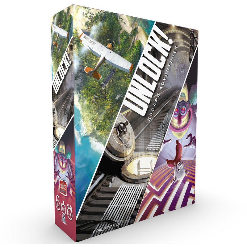 Load image into Gallery viewer, UNLOCK! Escape Adventures Card Game - front of box featuring illustration of an island, a subway, and Noside.