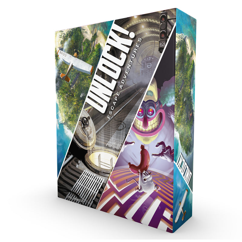 Load image into Gallery viewer, UNLOCK! Escape Adventures Card Game - front of box featuring illustration of an island, a subway, and Noside.
