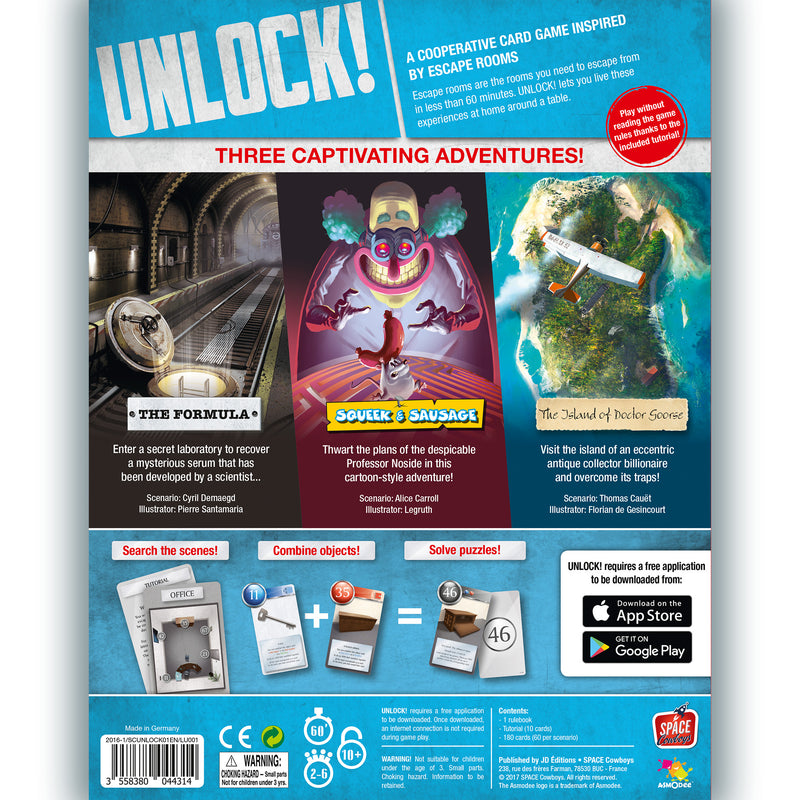 Load image into Gallery viewer, UNLOCK! Escape Adventures Card Game - back of box with overview of three adventures, The Formula, Squeek & Sausage, and The Island of Doctor Goorse.