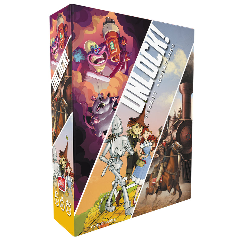 Load image into Gallery viewer, UNLOCK! Secret Adventures Card Game - front of box featuring three illustrations, one of noside the clown, one of the wizard of oz, and one of a train robbery.