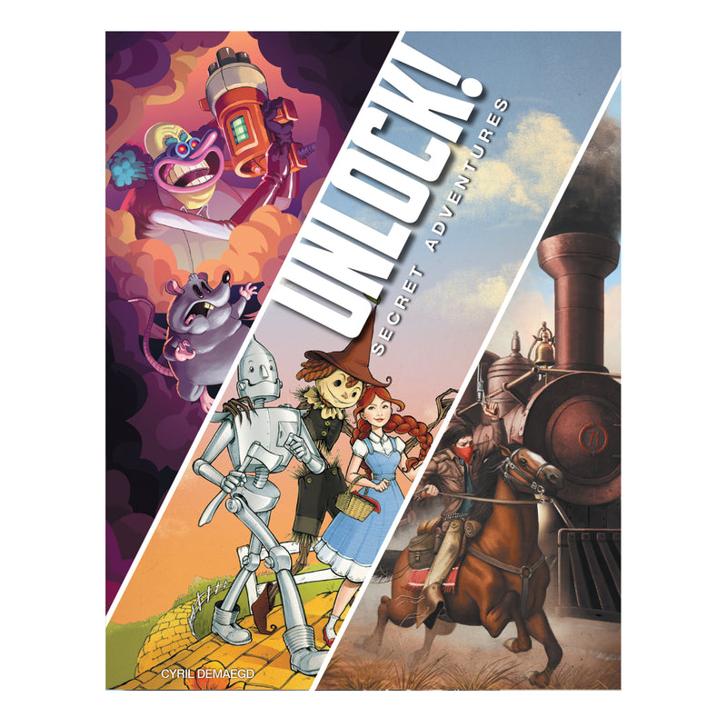 Load image into Gallery viewer, UNLOCK! Secret Adventures Card Game - front of box featuring three illustrations, one of noside the clown, one of the wizard of oz, and one of a train robbery.