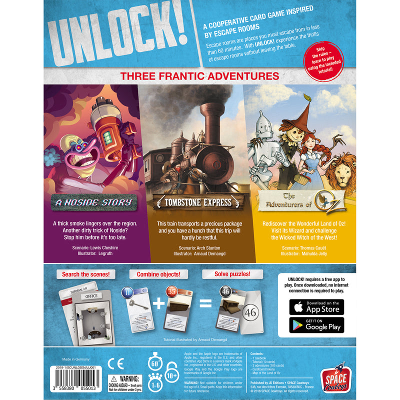 Load image into Gallery viewer, UNLOCK! Secret Adventures Card Game - overview of three game scenarios, A Noside Story, Tombstone express, and The Adventures of Oz.