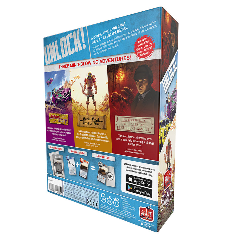 Load image into Gallery viewer, UNLOCK! Legendary Adventures Card Game - back of box with overview of three scenarios, Action Story, Robin Hood: Dead or Alive, and Sherlock Holmes - The Case of the Burnt Angels.