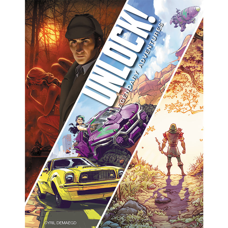 Load image into Gallery viewer, UNLOCK! Legendary Adventures Card Game - front of box featuring three art pieces, Sherlock Holmes, a car chase, and an Robin Hood.