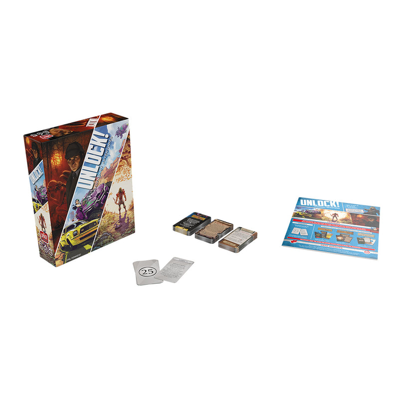Load image into Gallery viewer, UNLOCK! Legendary Adventures Card Game - box and contents displayed including rule sheet, and three scenario decks.