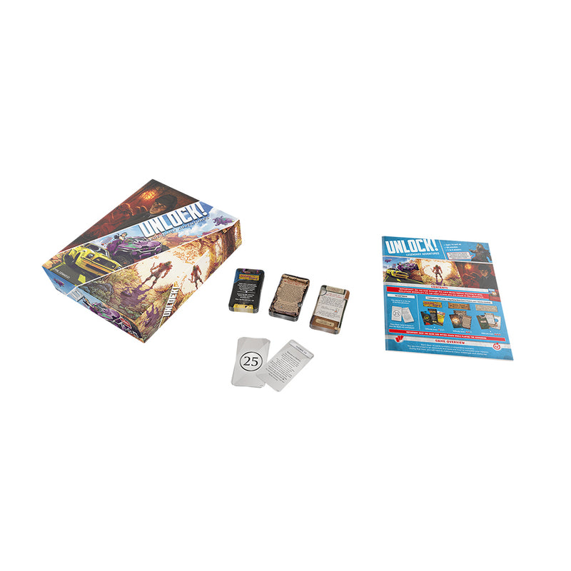 Load image into Gallery viewer, UNLOCK! Legendary Adventures Card Game - box and contents displayed including rule sheet, and three scenario decks.