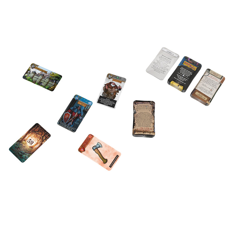 Load image into Gallery viewer, UNLOCK! Legendary Adventures Card Game - sample components displayed including three scenario decks.