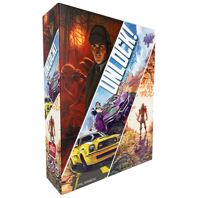 Load image into Gallery viewer, UNLOCK! Legendary Adventures Card Game - front of box featuring three art pieces, Sherlock Holmes, a car chase, and an Robin Hood.